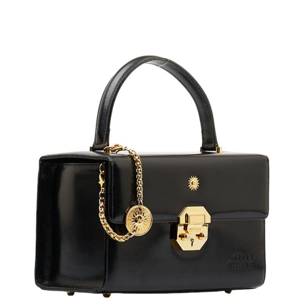 Versace Sunburst Gold Hardware Handbag Vanity Bag Black Enamel Leather - Picture 2 of 10